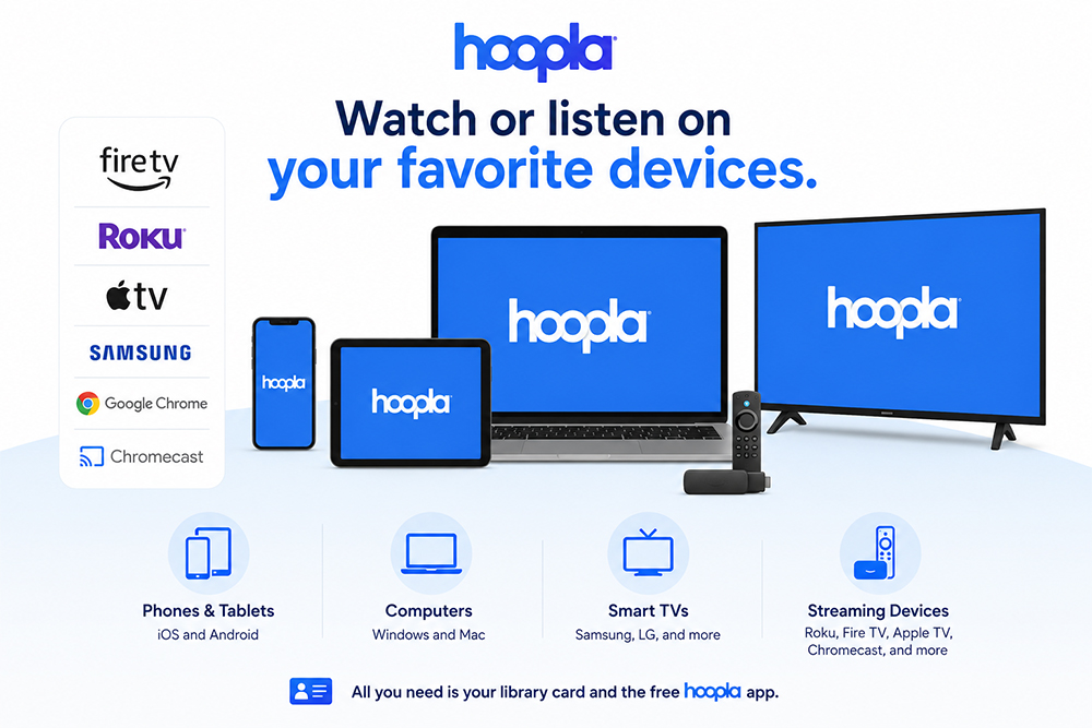 An infographic of devices with the Hoopla logo to show what it's on.