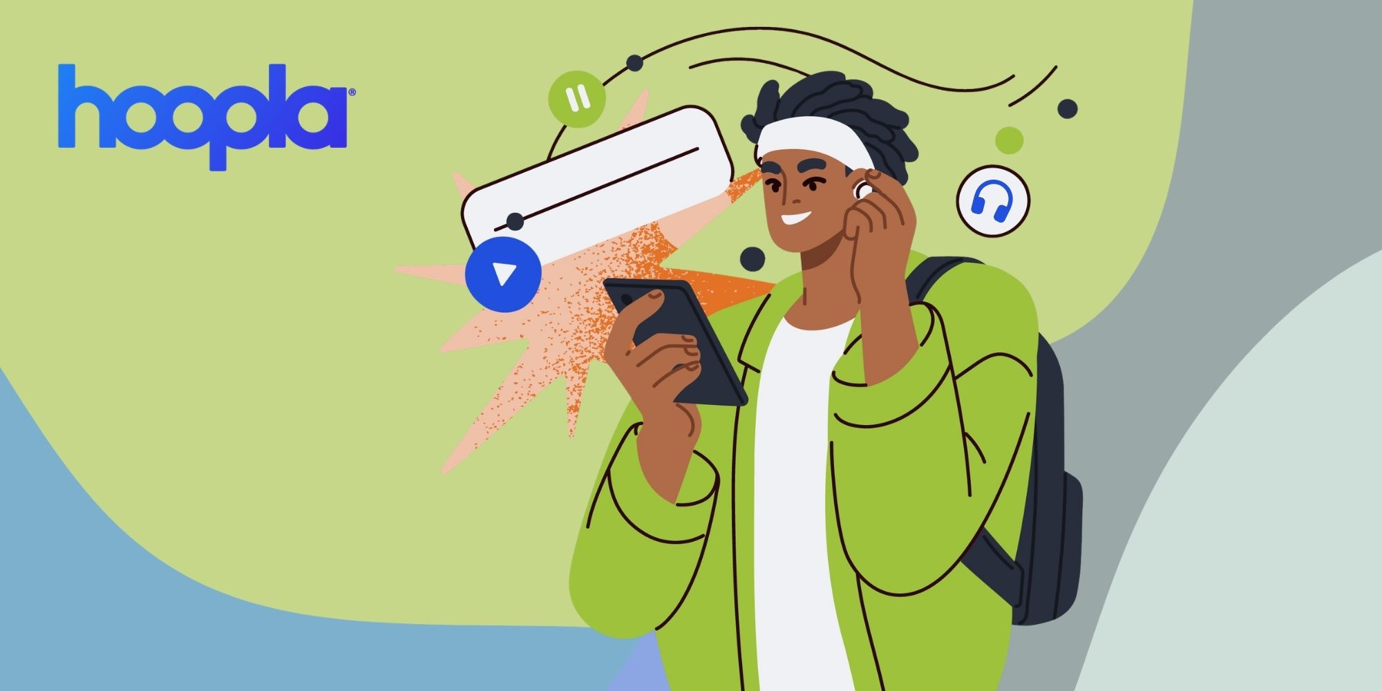 A guy listening to an audiobook on his phone with the Hoopla logo on the background