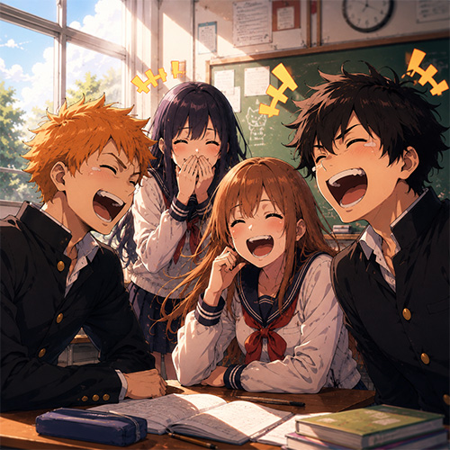 Comedy Anime with 4 students laughing over a book