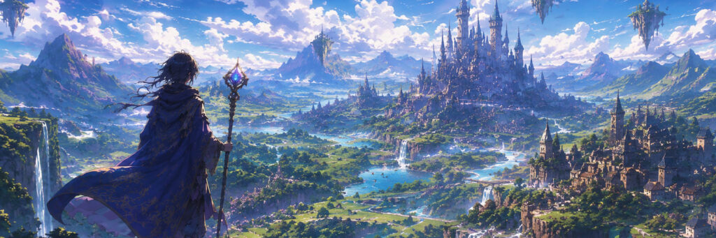 Anime character in a fantasy setting looking out onto castles and cities