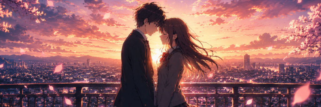 Two anime characters in love with a city in the background