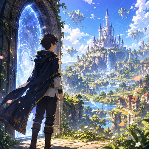 Isekai (Another World) Anime with a male character standing by a portal and overlooking castles