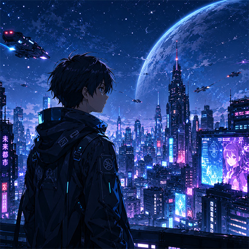 Science Fiction Anime with a male character looking over a fantasy city