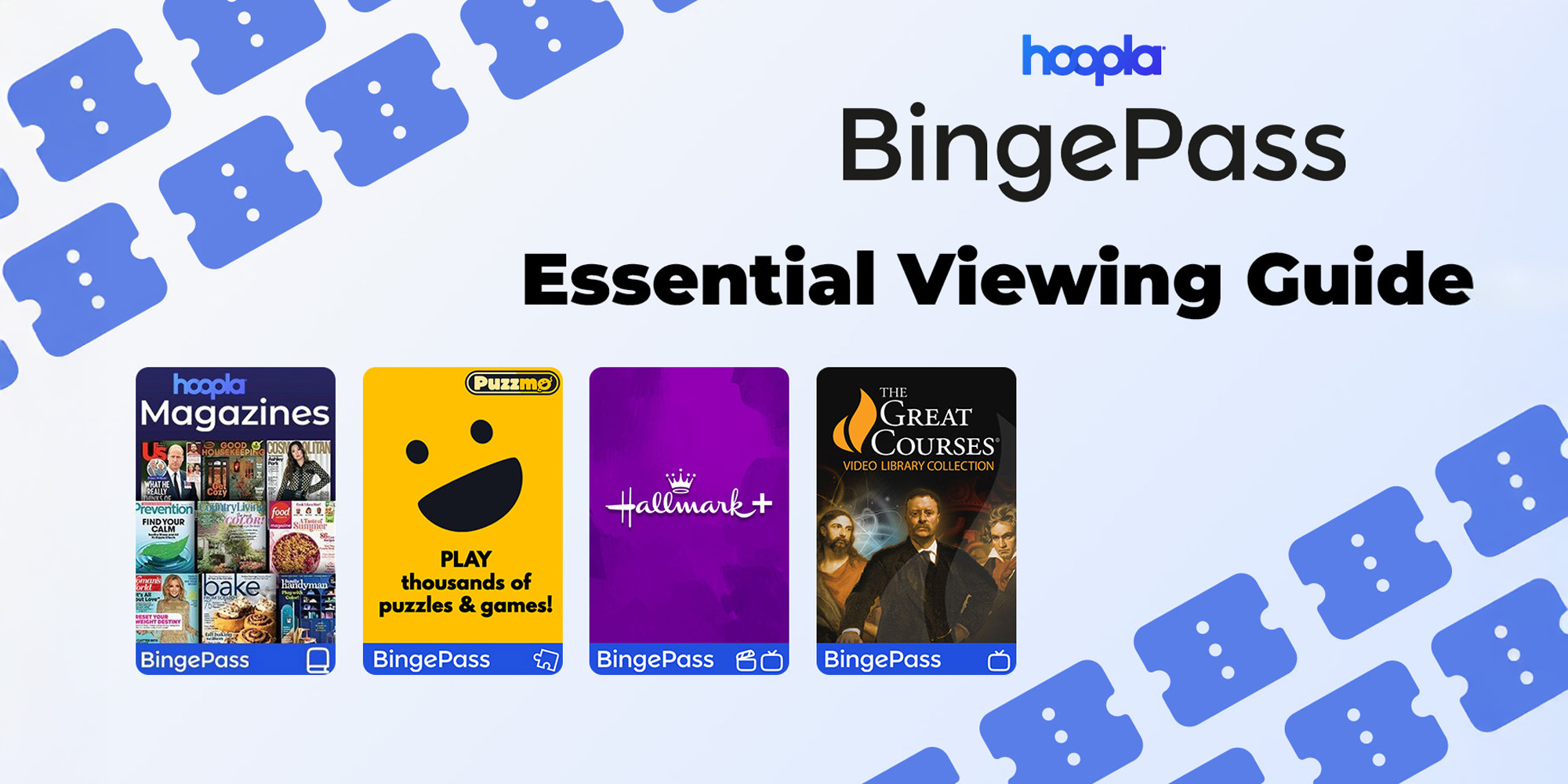 BingePass Essential Viewing Guide which includes Puzzmo, Hallmark+, and The Great Courses.