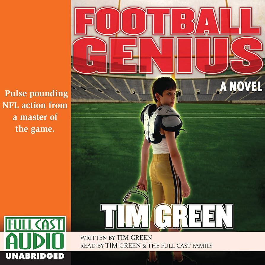 Football Genius written and read by Tim Green audiobook cover. Free to listen to on Hoopla with your library card.
