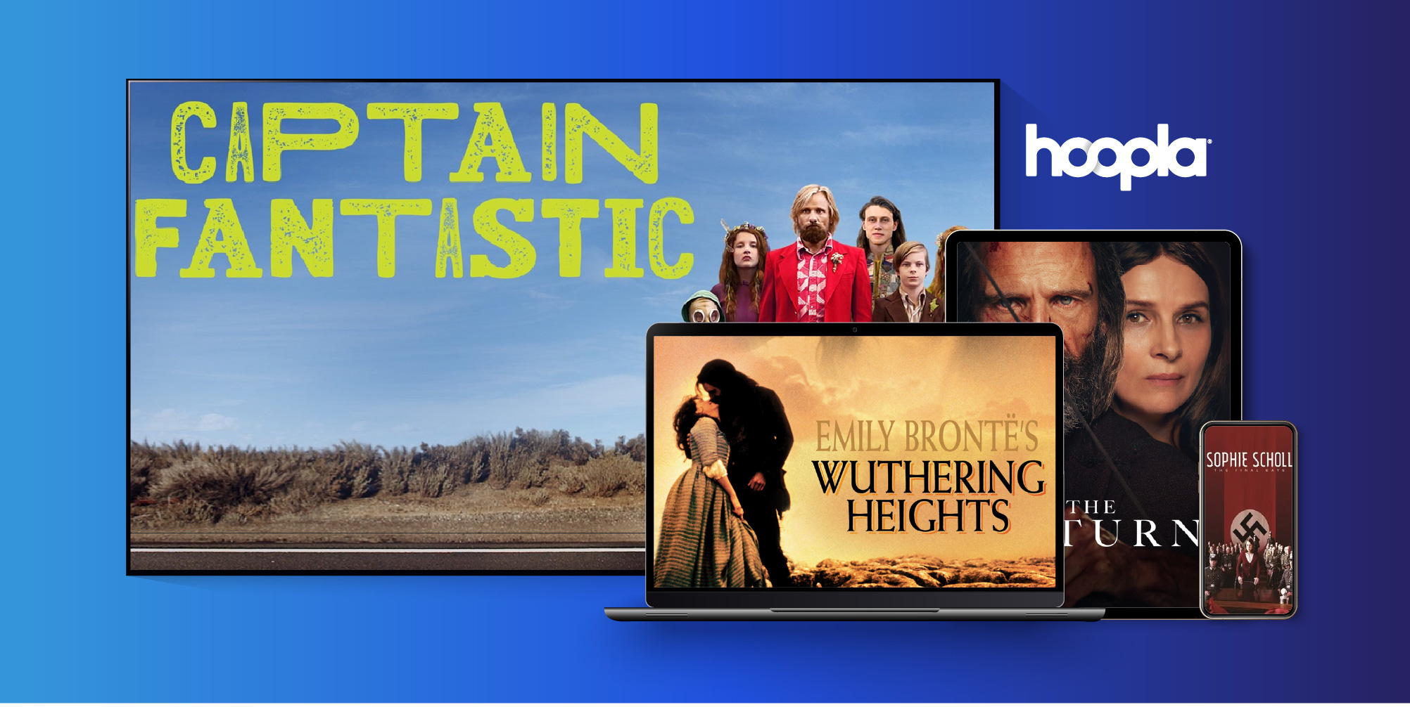 Streaming Devices for library movies on Hoopla. Free movies like Captain Fantastic and Emily Bronte's Wuthering Heights on different devices that Hoopla can be streamed on.