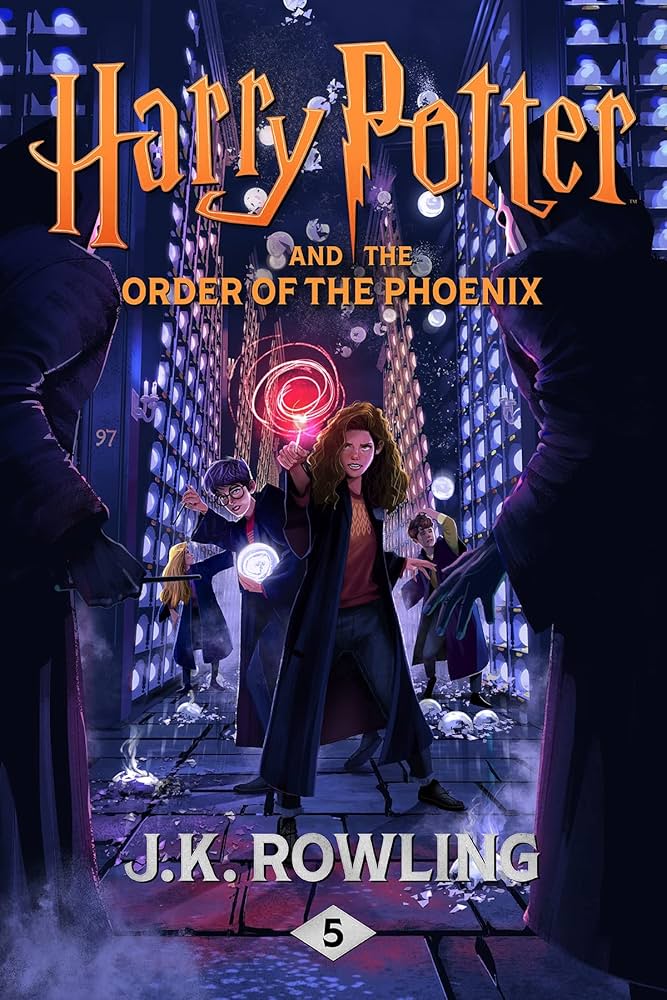 Cover art showing Harry and friends casting spells among glowing prophecy orbs in the Department of Mysteries. Read the Harry Potter series for free on Hoopla!