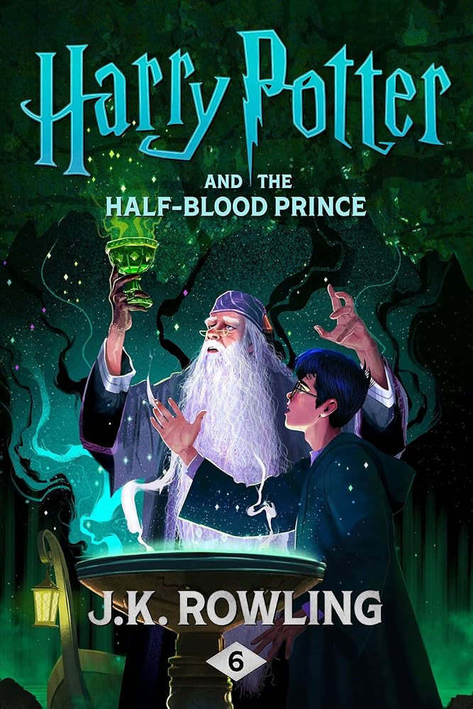 Cover art showing Dumbledore and Harry leaning over a stone basin filled with swirling green light, the scene lit by eerie magical glow.