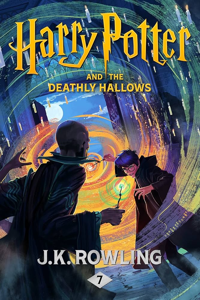 Cover art showing Harry and Voldemort locked in a fierce magical duel, surrounded by swirling light and floating candles in a dramatic, arched setting.