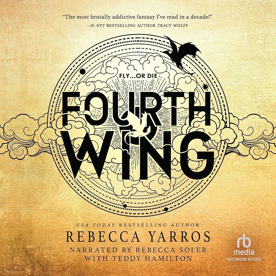 Book 1: Fourth Wing read by Rebecca Soler and Teddy Hamilton is free to listen to on Hoopla.
