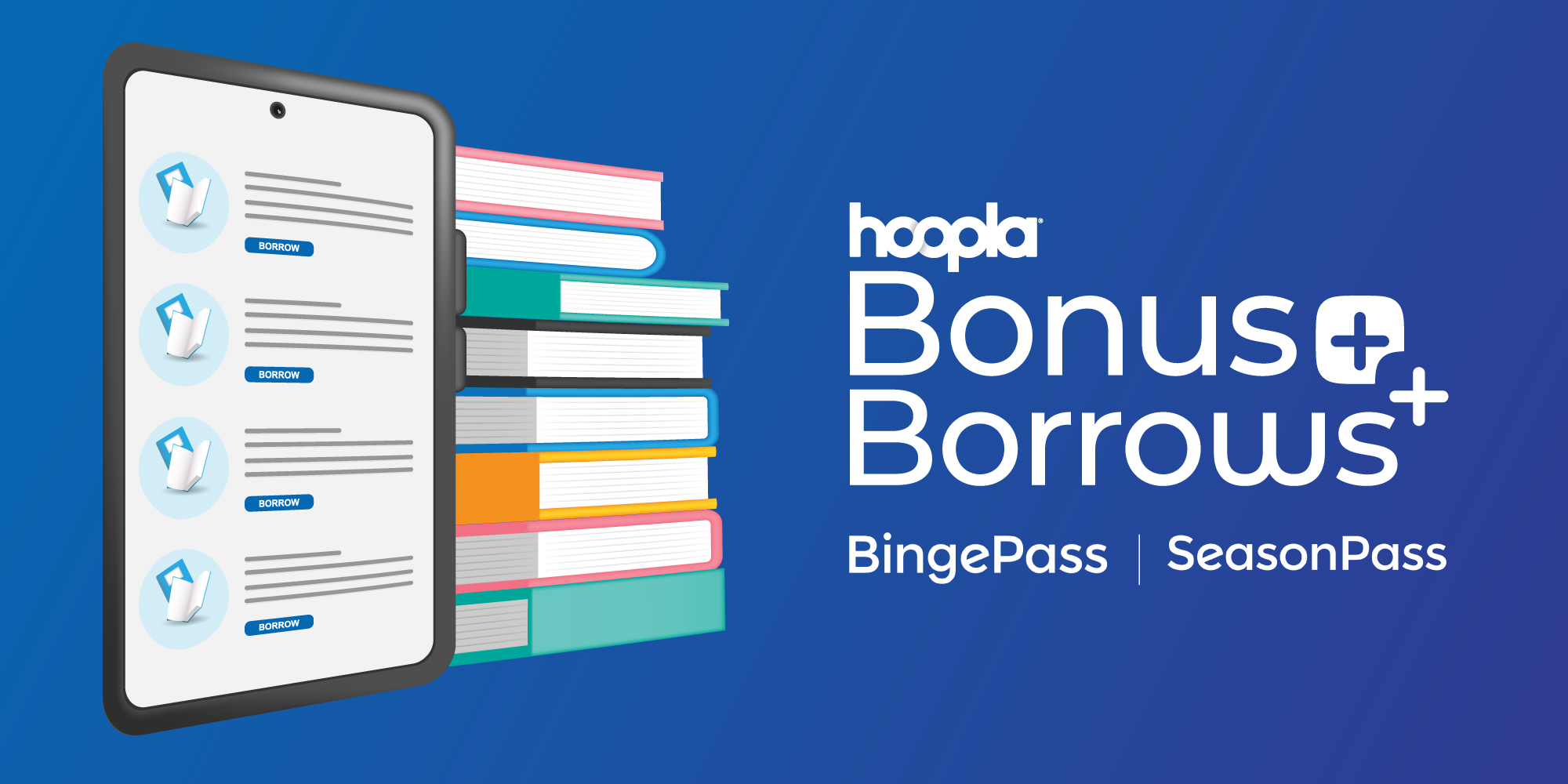 An image with stacked books and a tablet showing borrows. Text on the image says Hoopla Bonus Borrows with plus icons and the BingePass and SeasonPass logos below it.