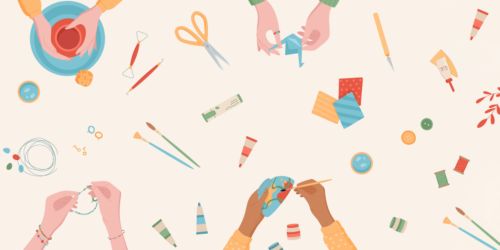 An image with several hands doing different DIY crafts