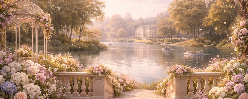 A scenery in Bridgerton showing the large manor in the distance with water from a river in front of it. There is greenery and flowers all around suggesting spring time in the area.