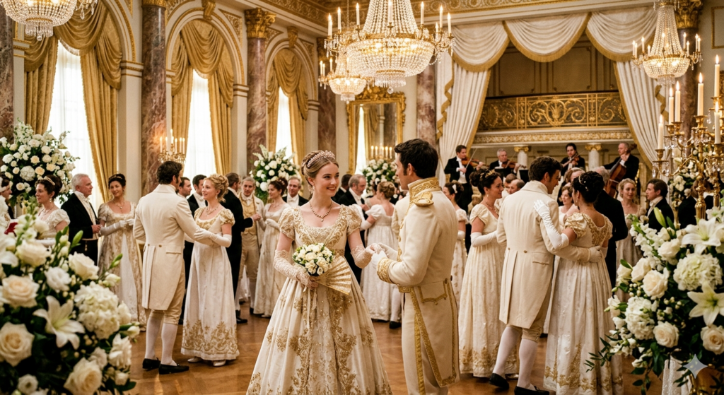 elegant, Regency scenery with white, ivory, and cold colors