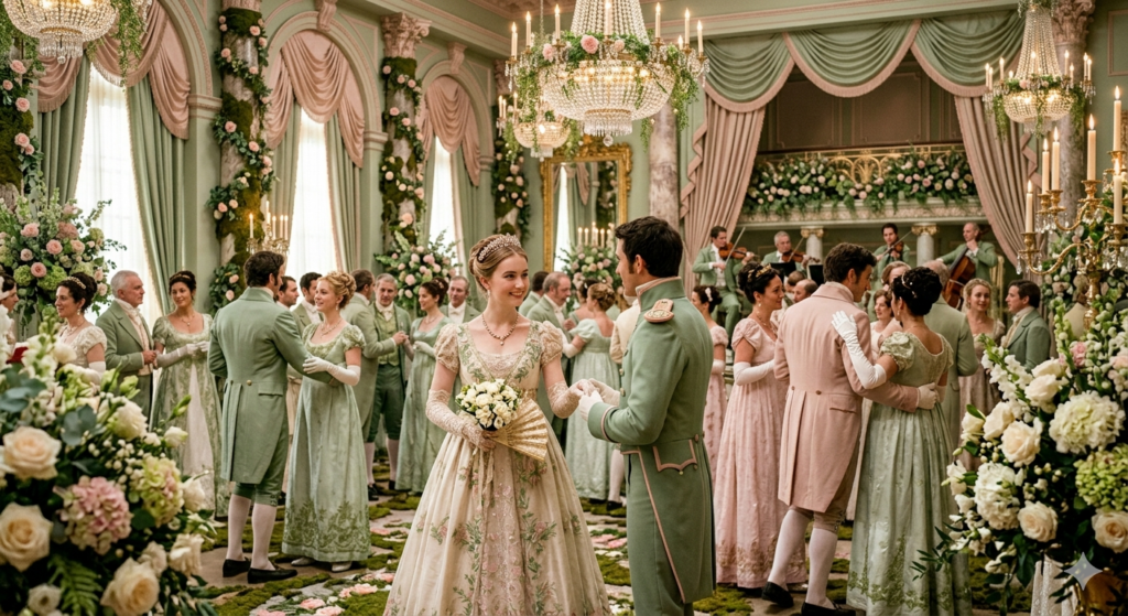 elegant, Regency scenery with sage, blush, and greenery colors