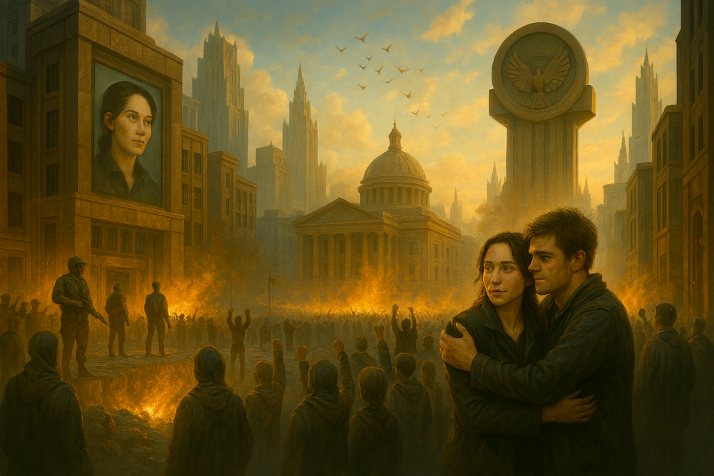 The image shows the Hunger Games capitol where fear, hungry, and games keep districts in line. The image also shows hope, love, friendship, and selfless acts.