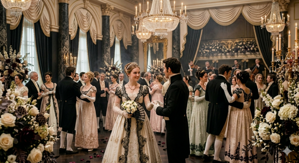 elegant, Regency scenery with cream, black, and gold colors