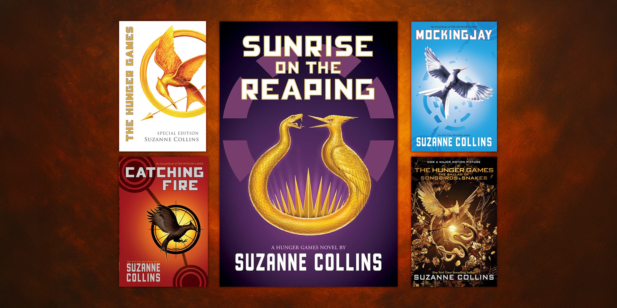 The Hunger Games ebook series cover art on a misty orange/red background
