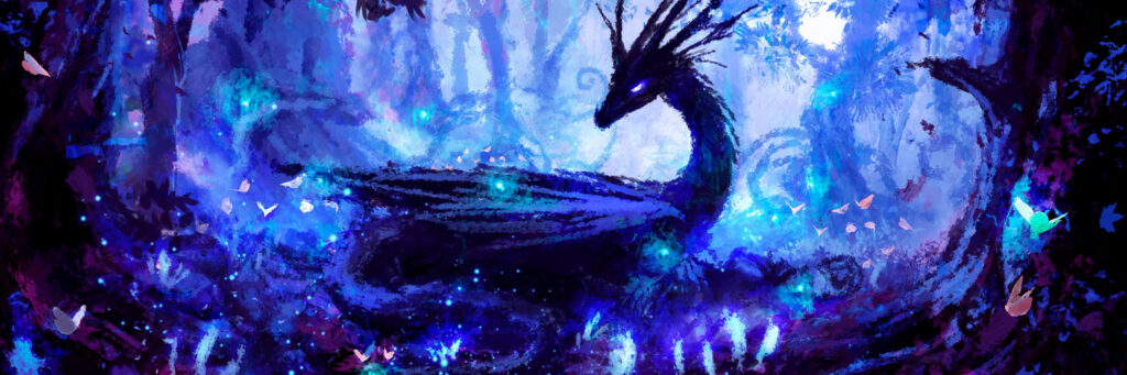 a mythical dragon relaxing in a magical forest with whimsical living things around it