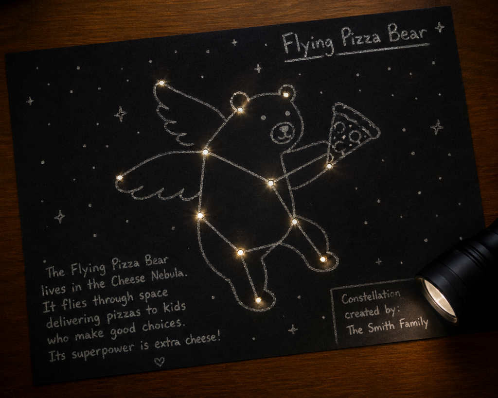 A DIY craft making constellations and using a flash light to bright it up. It's showing an image our of the stars that looks like a Pizza Bear and it tells a story about it.