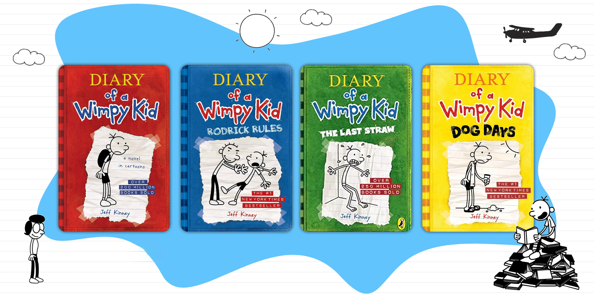 Diary of a Wimpy Kid cover art on a blue background