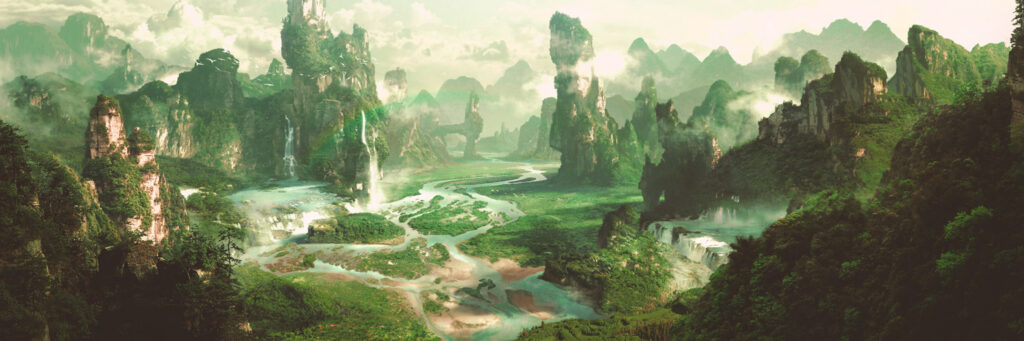 Fantasy world with waterfalls, streams, rocky mountains with greenery