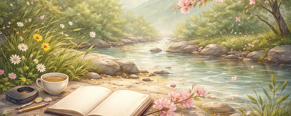 Haiku style background with cherry blossom trees, a stream, flowers, journal, tea, and writing supplies