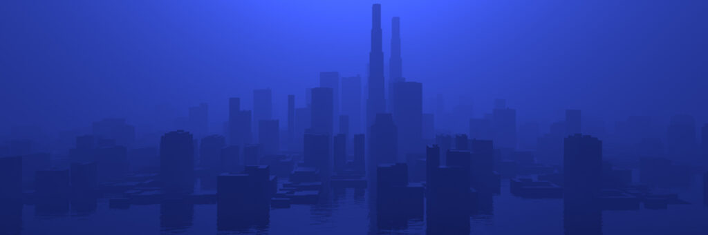 An image of a big city flooded and gives dystopian vibes
