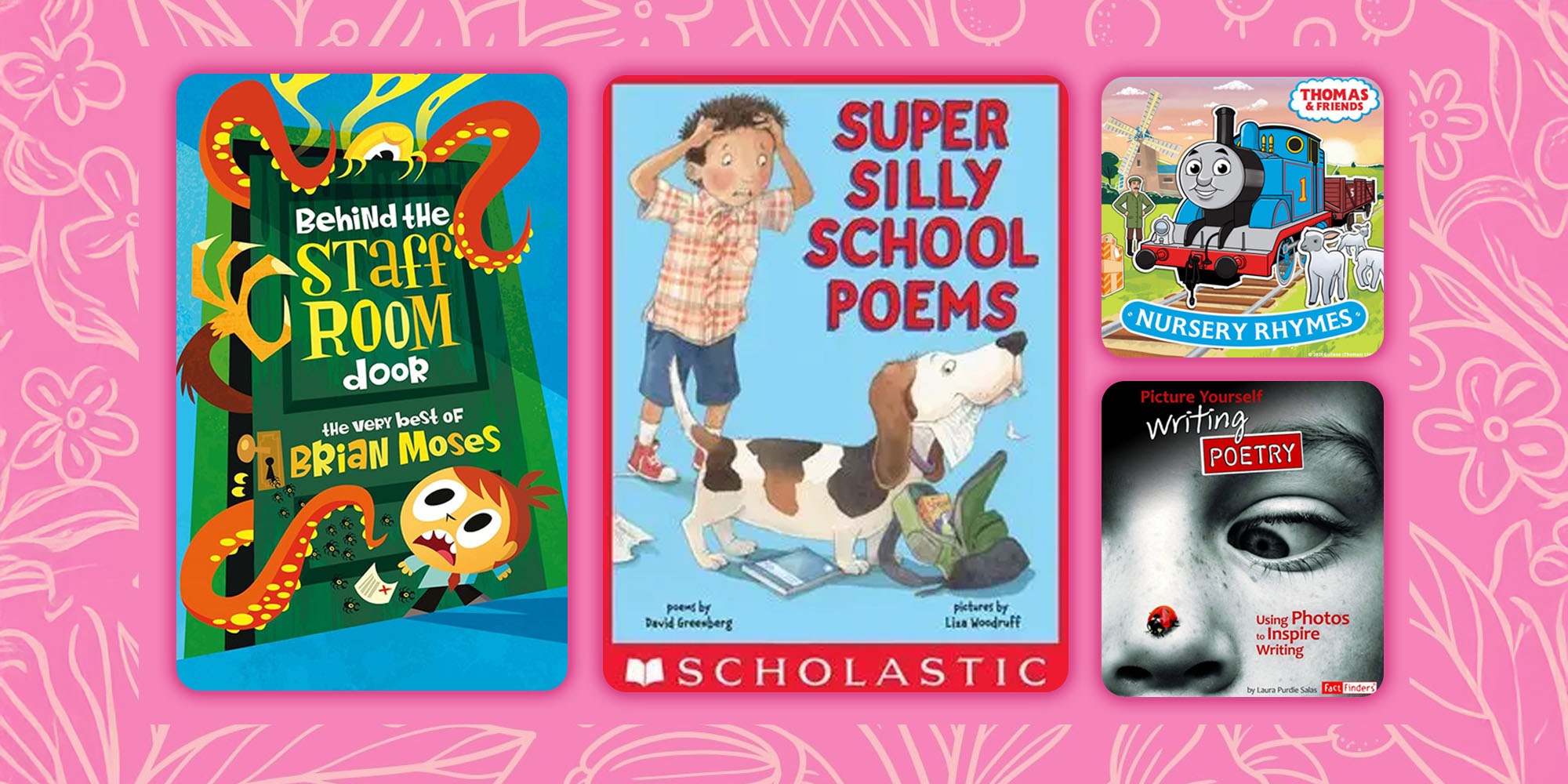 cover art of poetry books for kids on a pink background