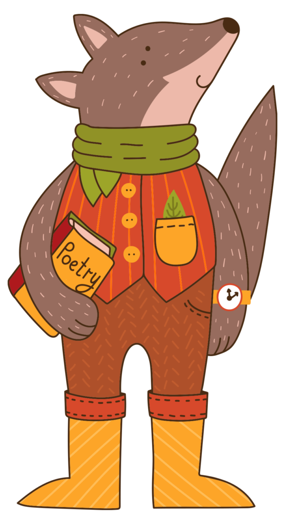 A cartoon wolf character wearing clothes and a watch whom is also holding a book that says poetry on it