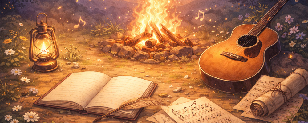 ballad style background showing a guitar outside next to the fire. Music on paper and an empty journal for writing poetry