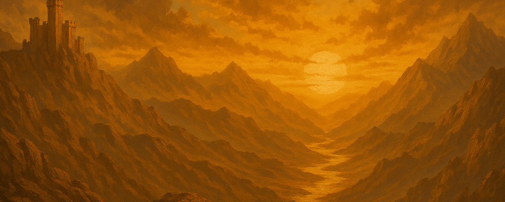 Epic style background showing rocky mountains, a stream flowing through and a castle at the top on the left. It has a larger than life feel