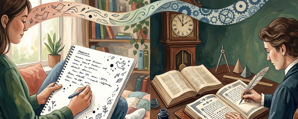 A man and woman writing poetry in different styles