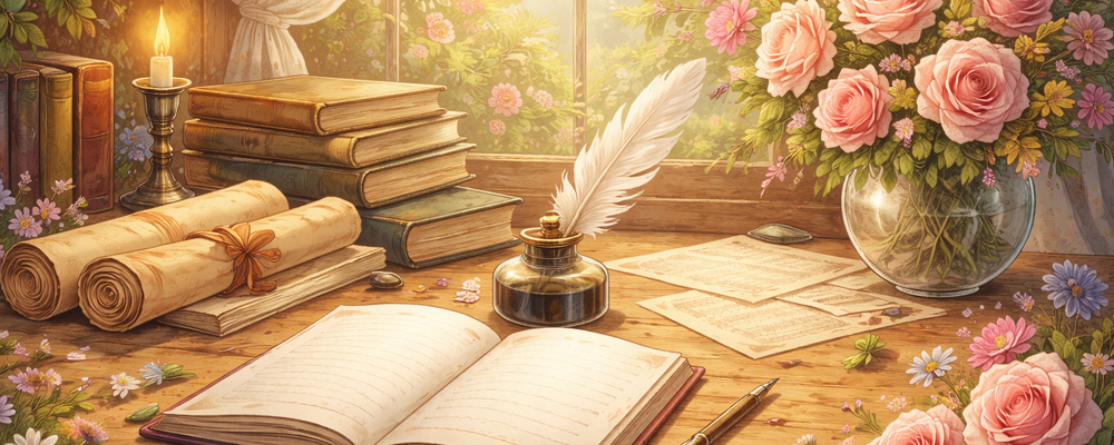 Sonnet style background with flowers, books, a journal, poetry on a desk