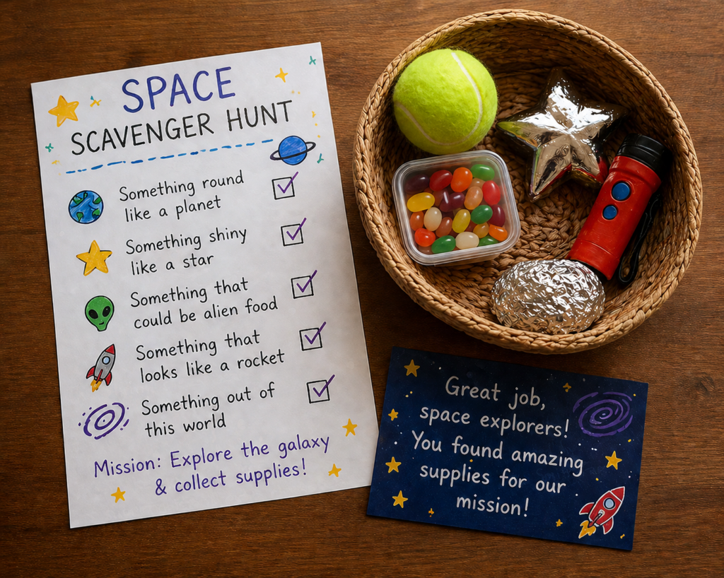 Space scavenger hunt showing a check list of items to find around you.