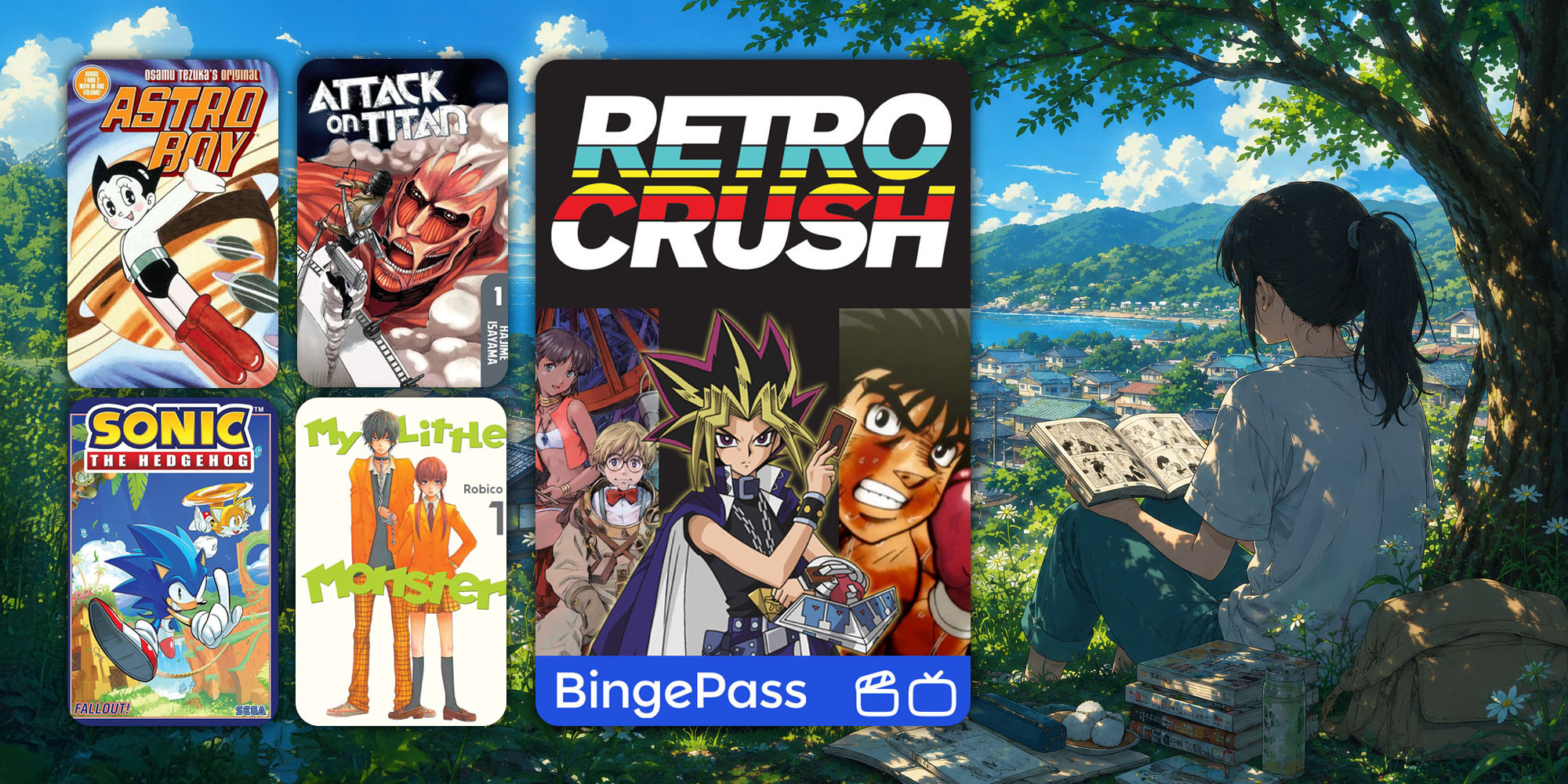 Anime landscape with cover art on top