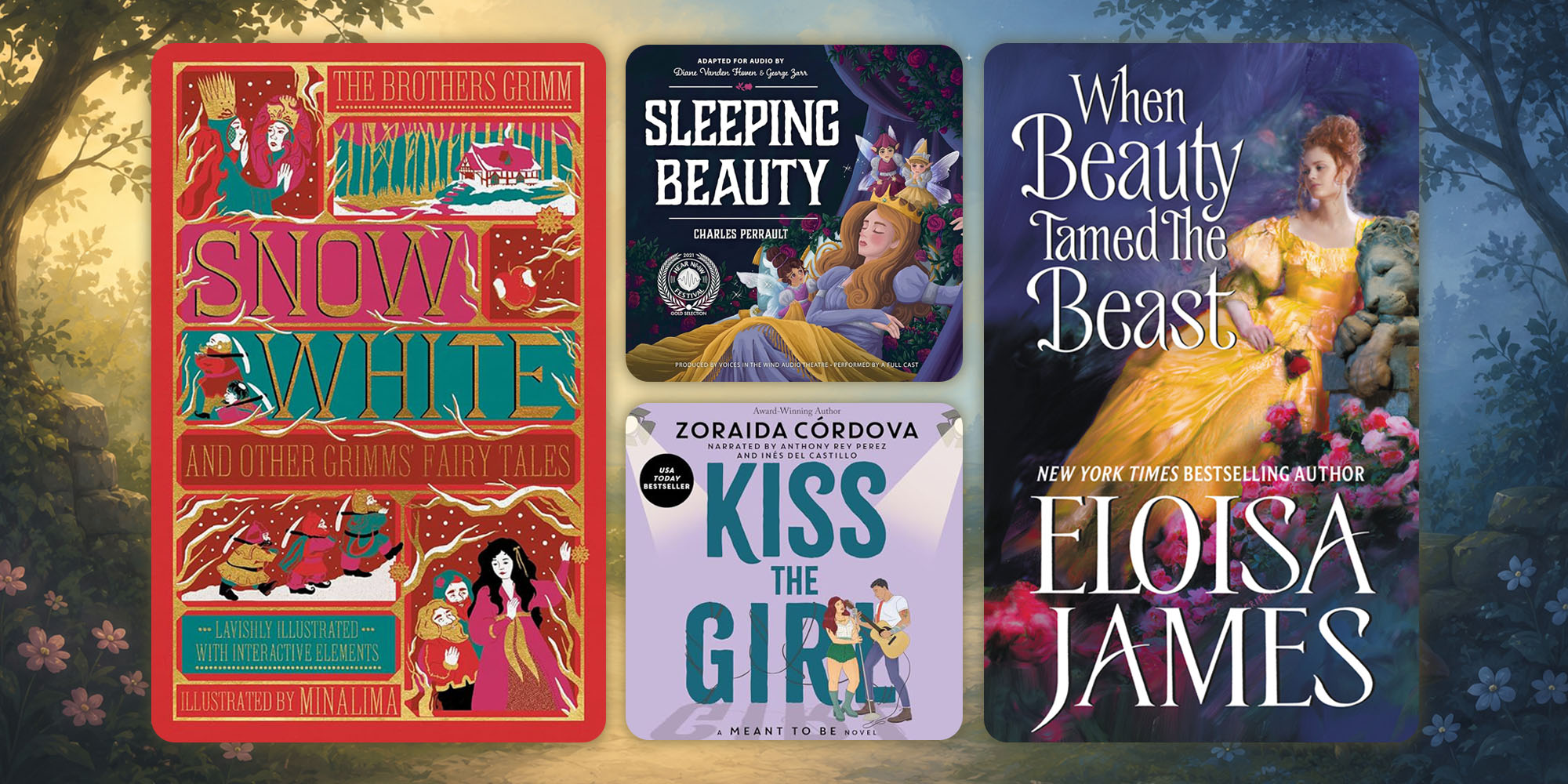 Fairy Tale titles from originals to retells cover art on a fairy tale background