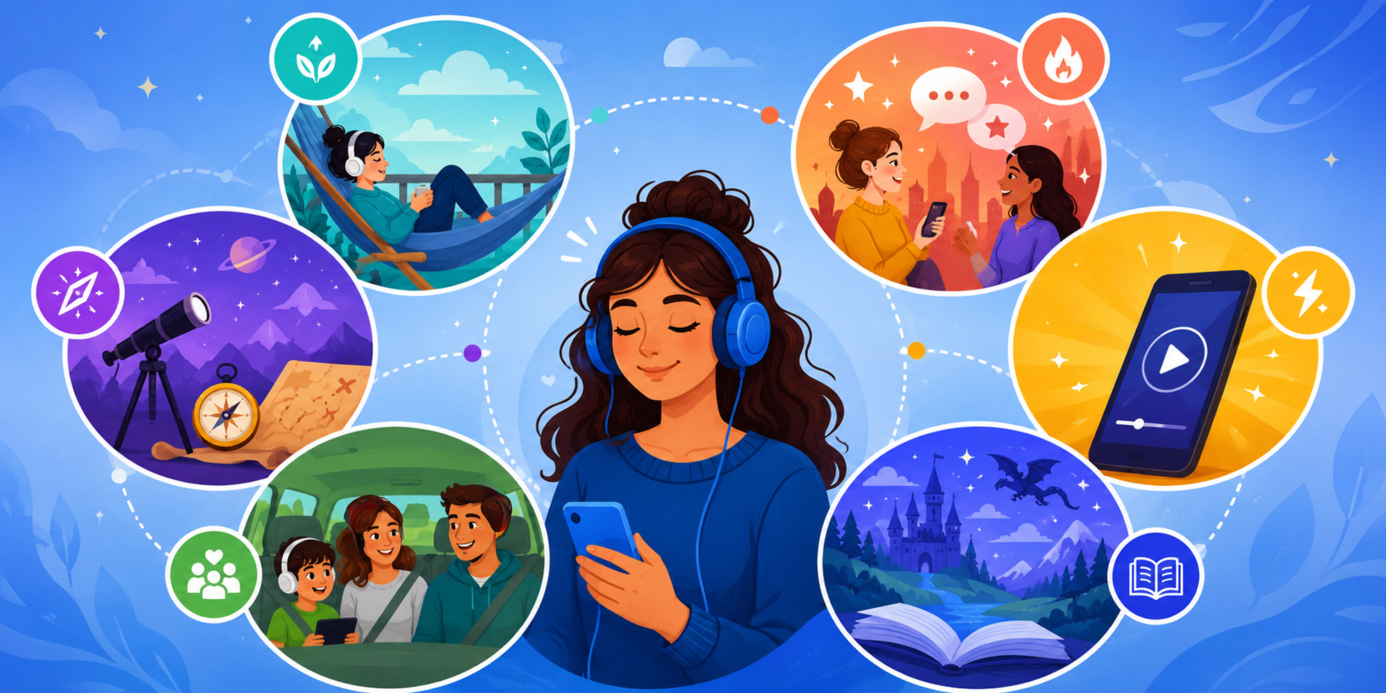 a girl listening to an audiobook on her phone with bubbles surrounding her featuring a variety of moods and environments