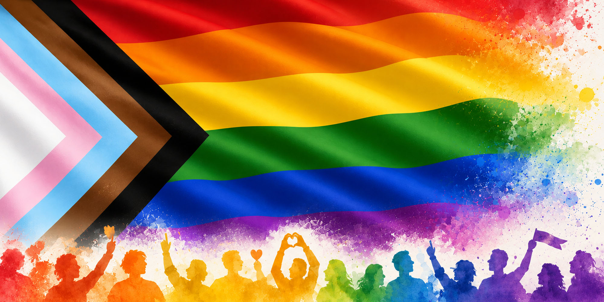 LGBTQ+ Pride Flag with people celebrating in color