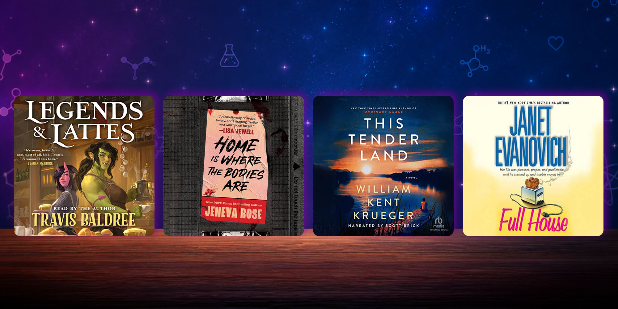 Horizontal graphic with cover art that relates to popular narrators for auiodbooks