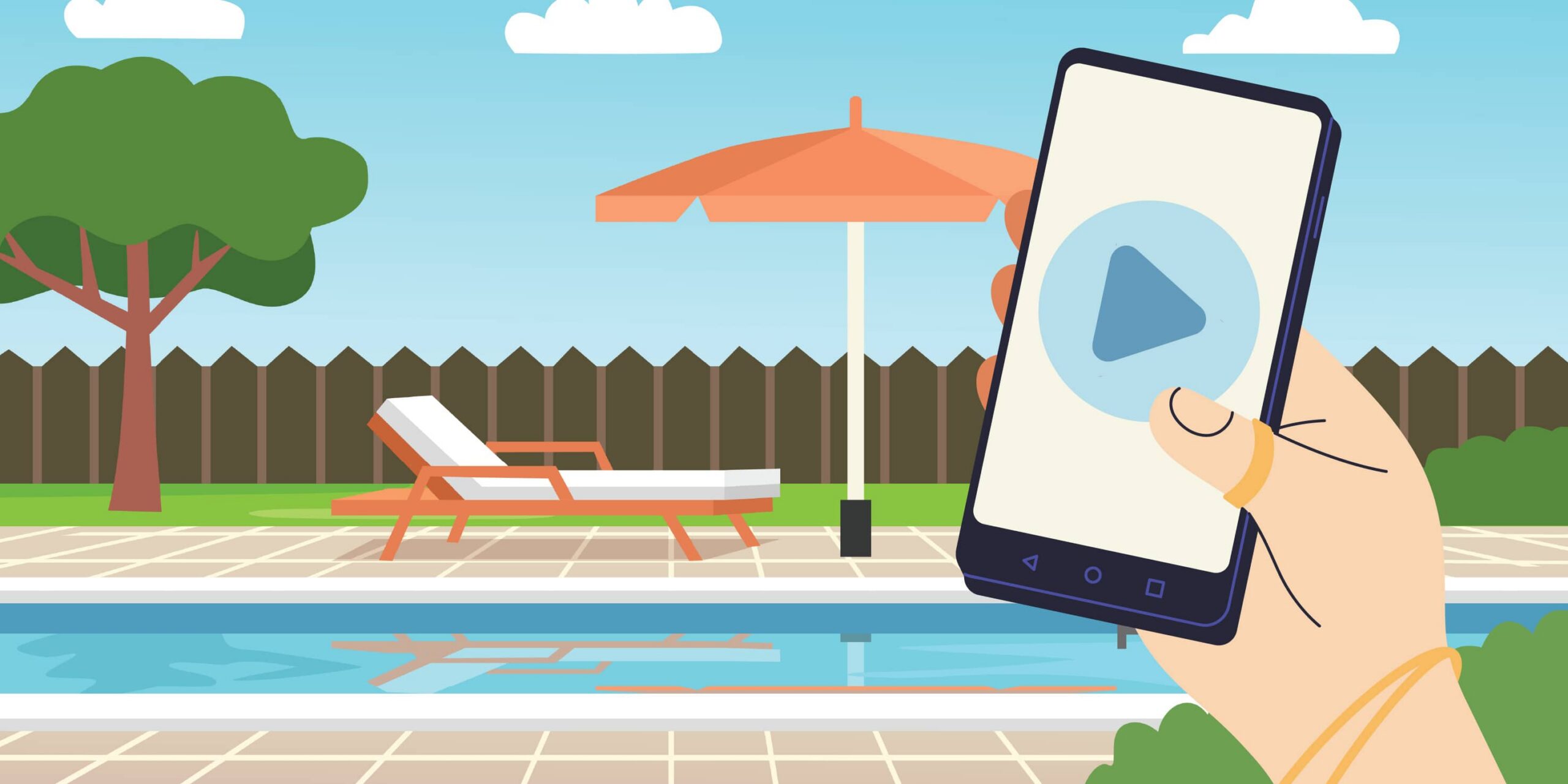 a phone with a play symbol in a hand in by the pool