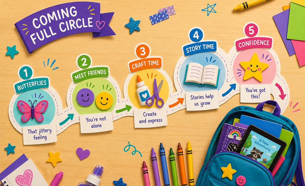 Coming Full Circle graphic with a backpack and school supplies for back-to-school