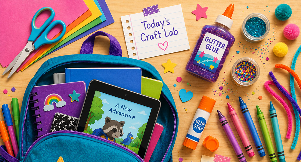 A backpack on a table with craft items around it for kids