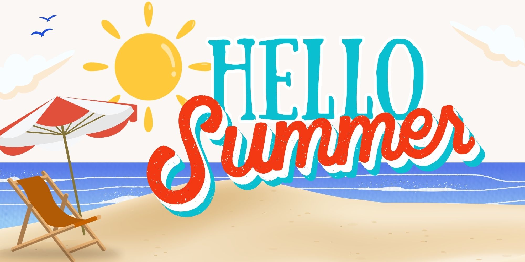 an animated beach scene with the sun, birds, beach chair, and umbrella that says 'Hello Summer'