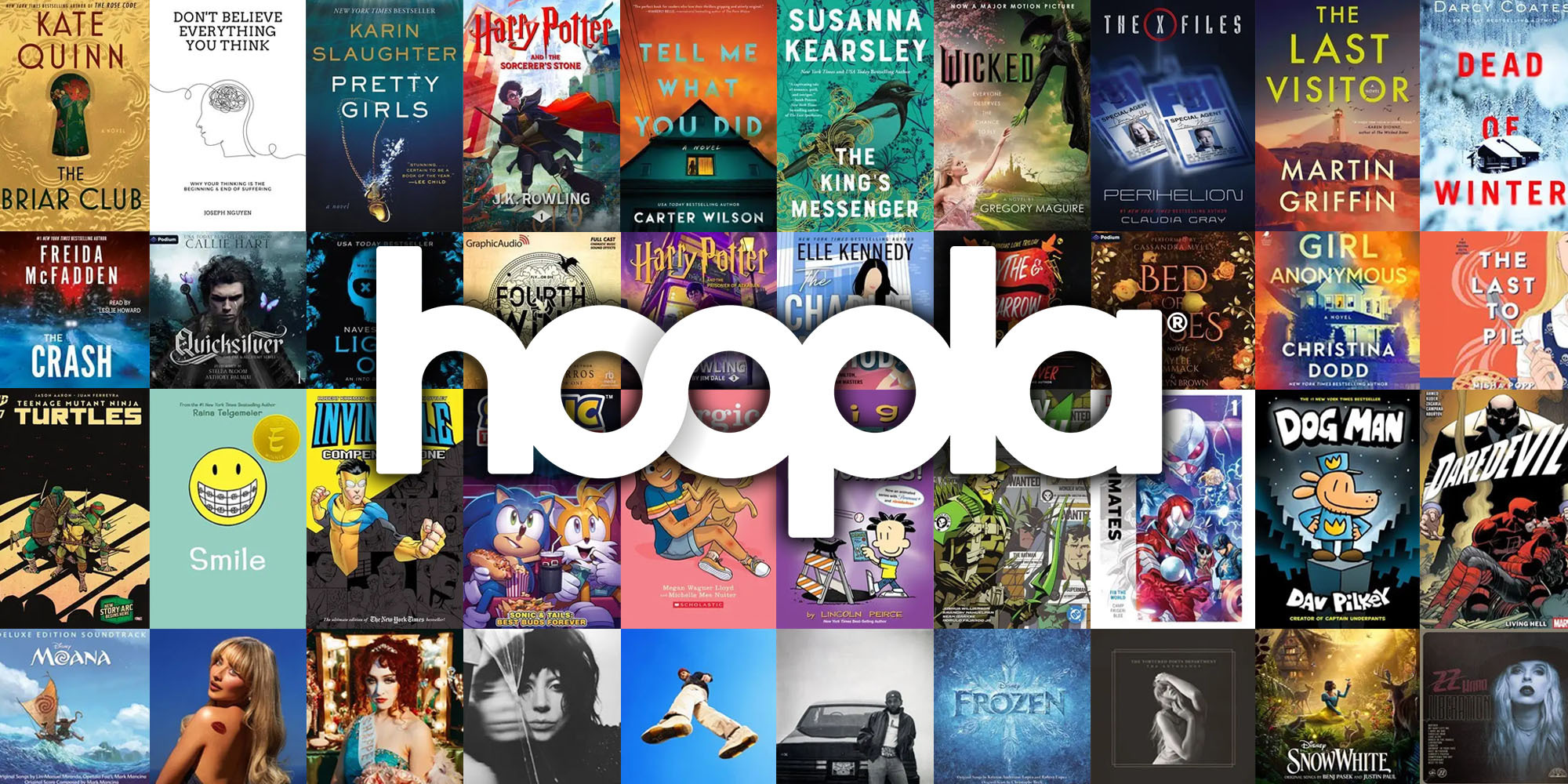 Hoopla logo on top of book cover art
