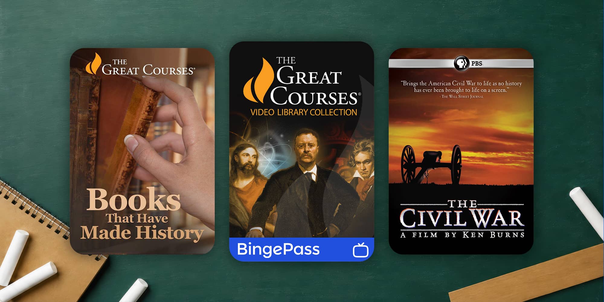 green background image with cover arts of three documentaries