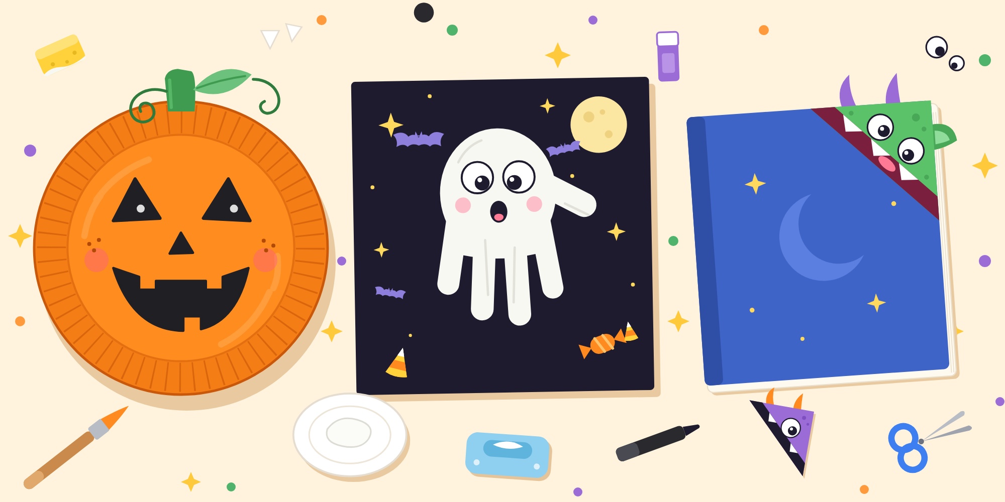 a cartoon image of kids halloween crafts: pumpkin plate, hand ghost, and corner monster bookmark