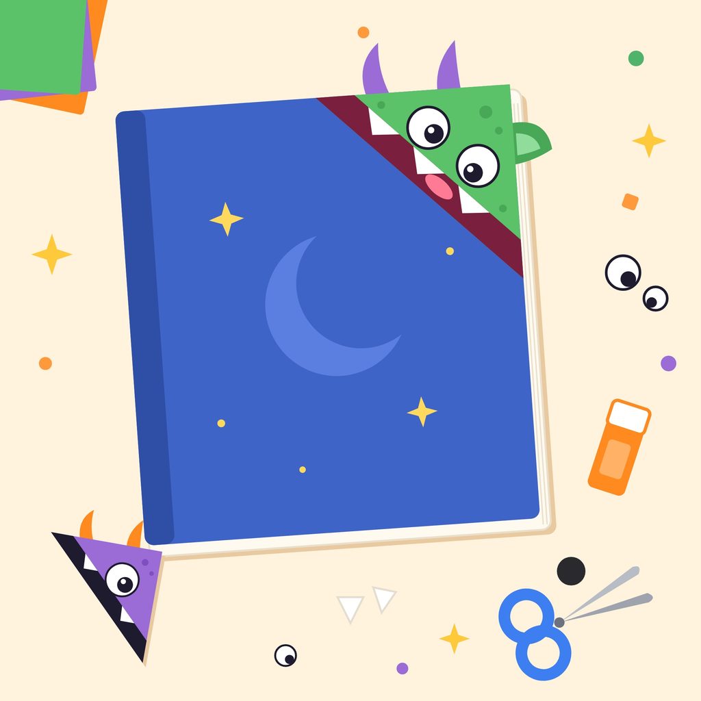 An illustration of a monster corner bookmark craft.