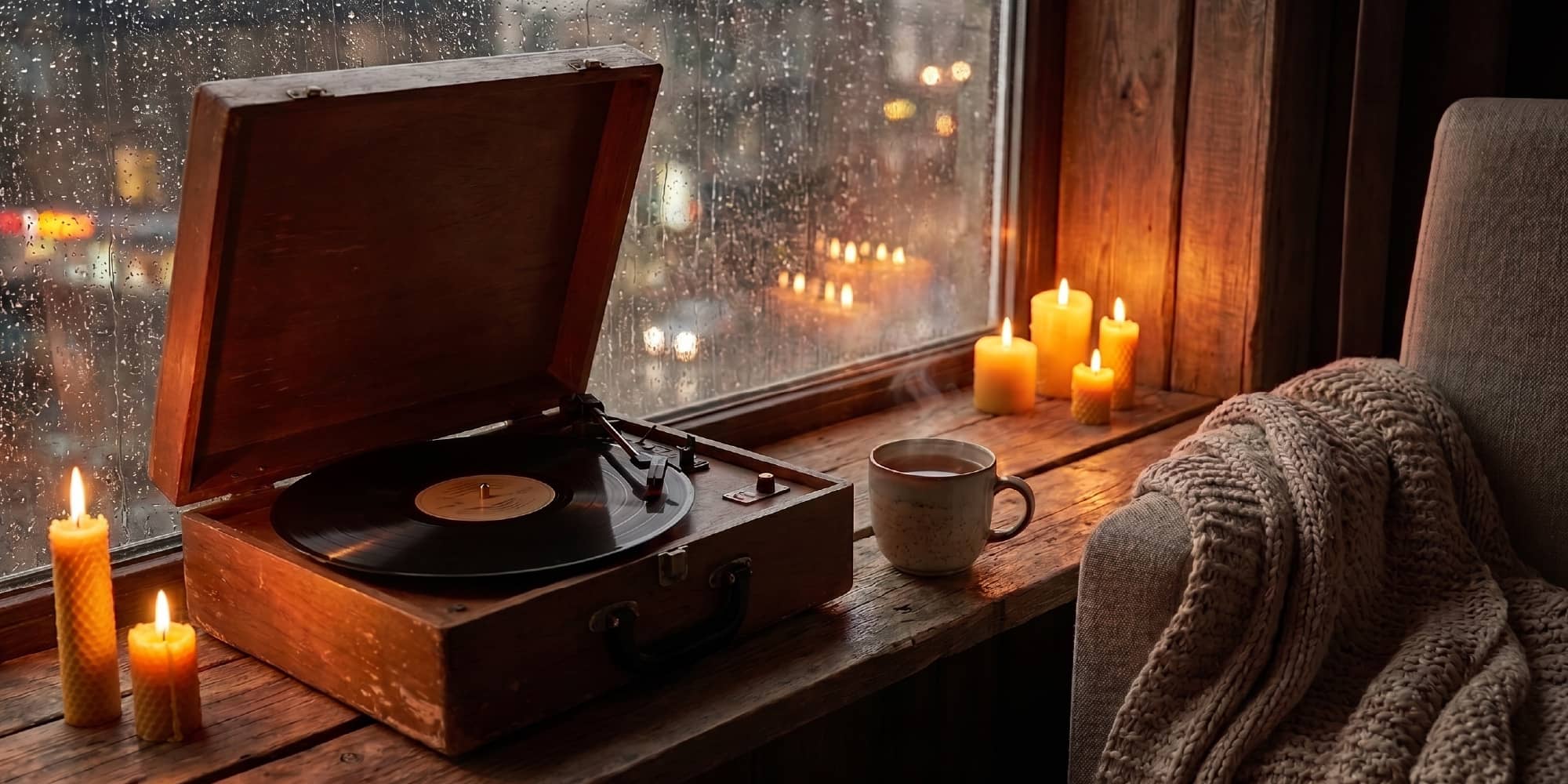 a dim cozy image featuring a record player on a window sill with candles and chair with a blanket and coffee mug
